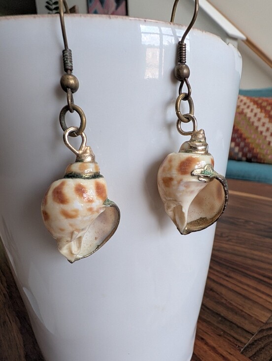 Jewelry - Vintage Real Seashell Capped Dangle Drop Earrings Beach Coastal